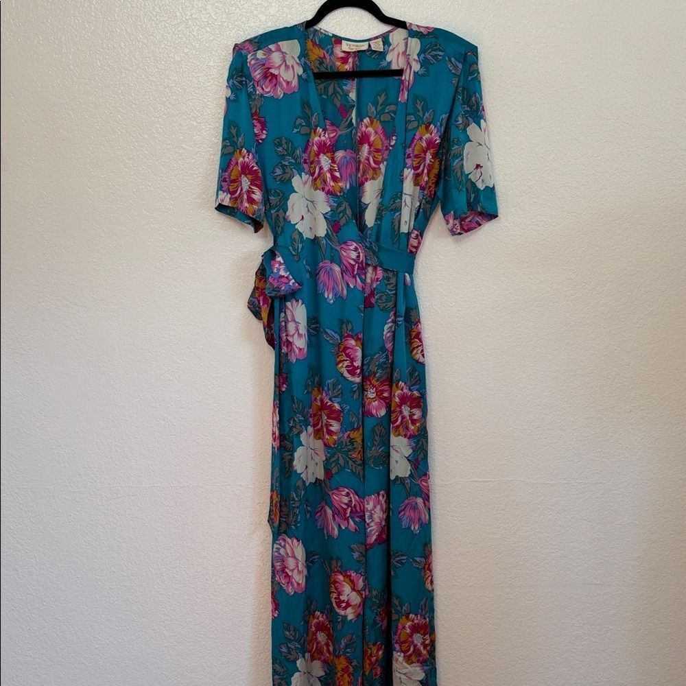 Vintage Y2K gold label Floral cottagecore Teal Wrap silk jumpsuit wrap